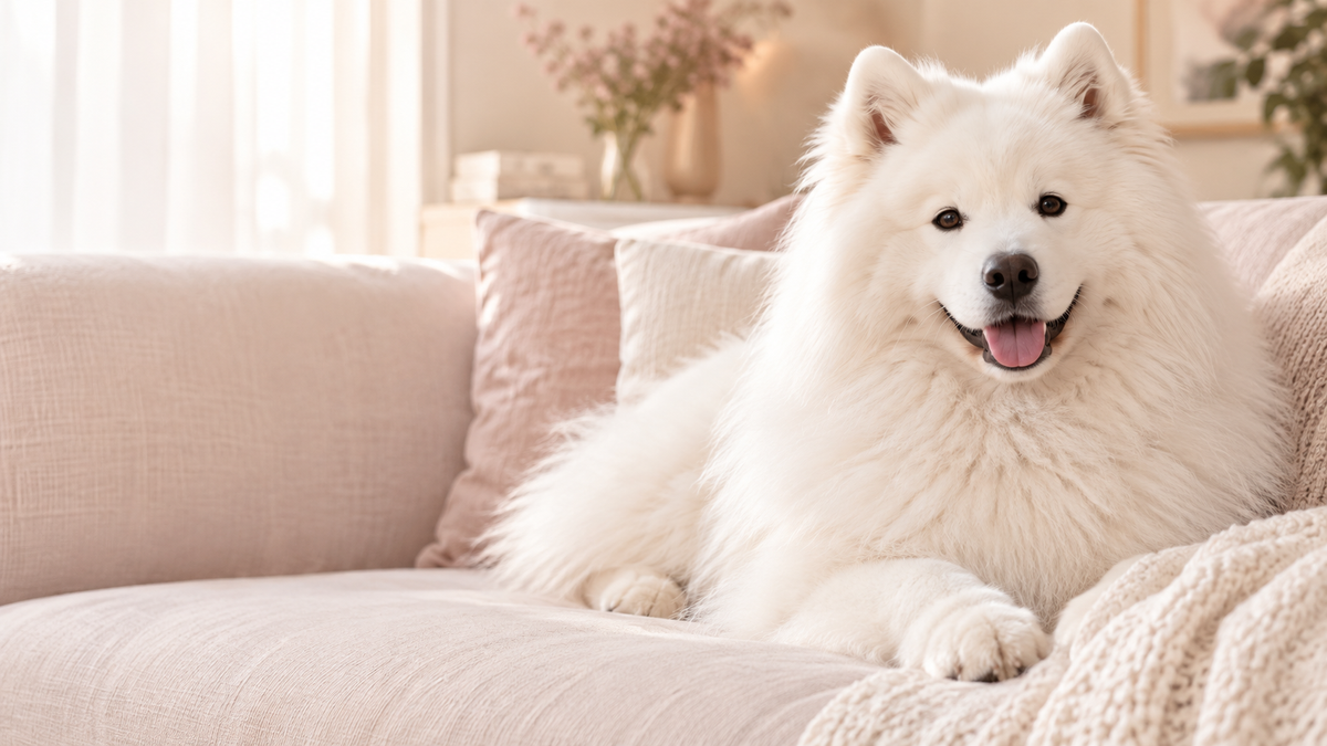 A beautifully groomed, fluffy white Samoyed relaxing on a soft blush sofa