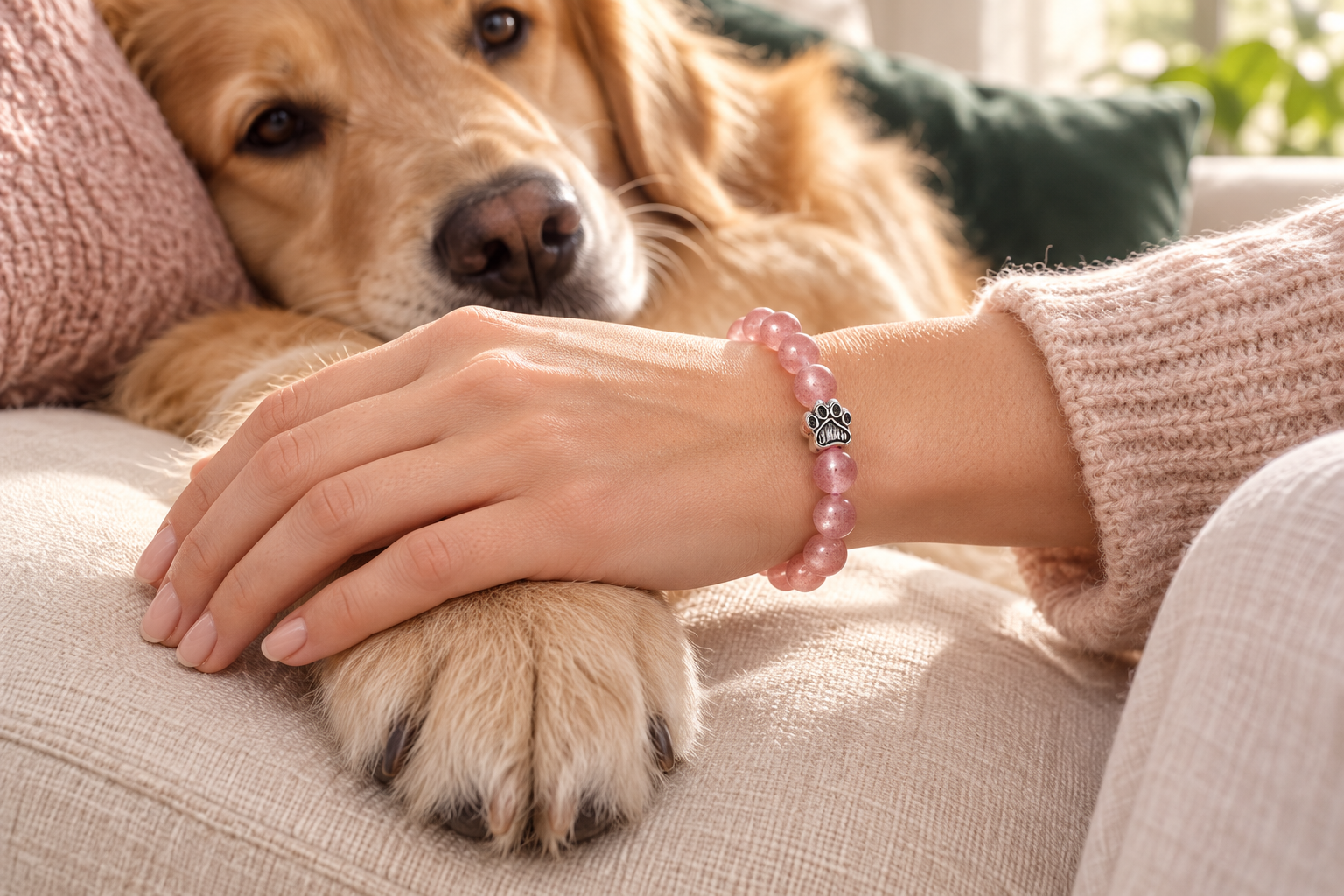 Pink Love bracelet beside a golden dog's paw