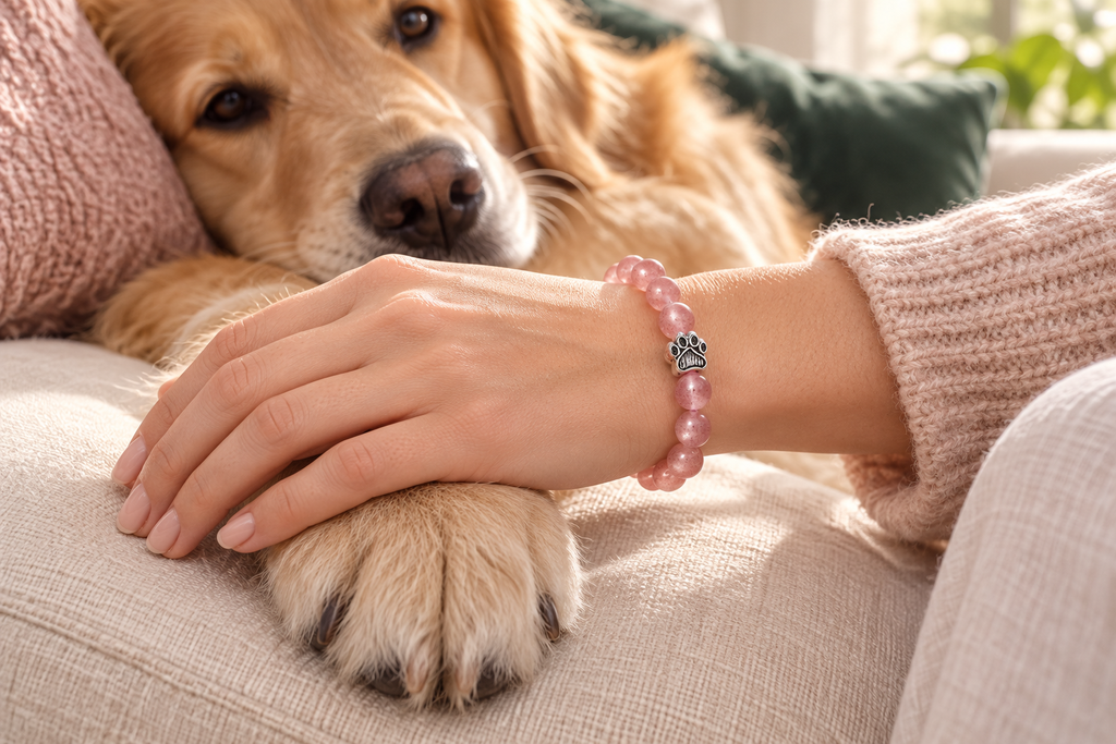 Pink Love bracelet beside a golden dog's paw