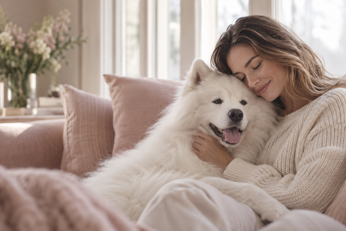 A woman sharing a quiet moment with a white Samoyed on a blush sofa